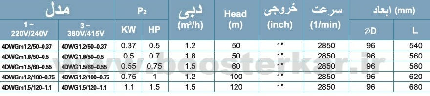 مشخصات فنی الکتروپمپ های چاهی لئو, پمپ چاهی لیو سری 4DWG